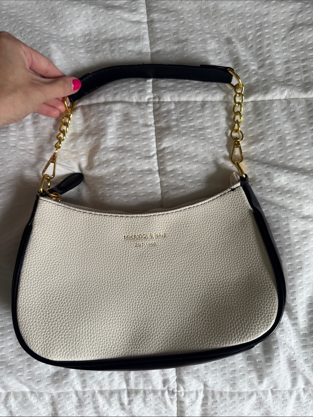 Cream and Black Shoulder Bag with Gold Chain